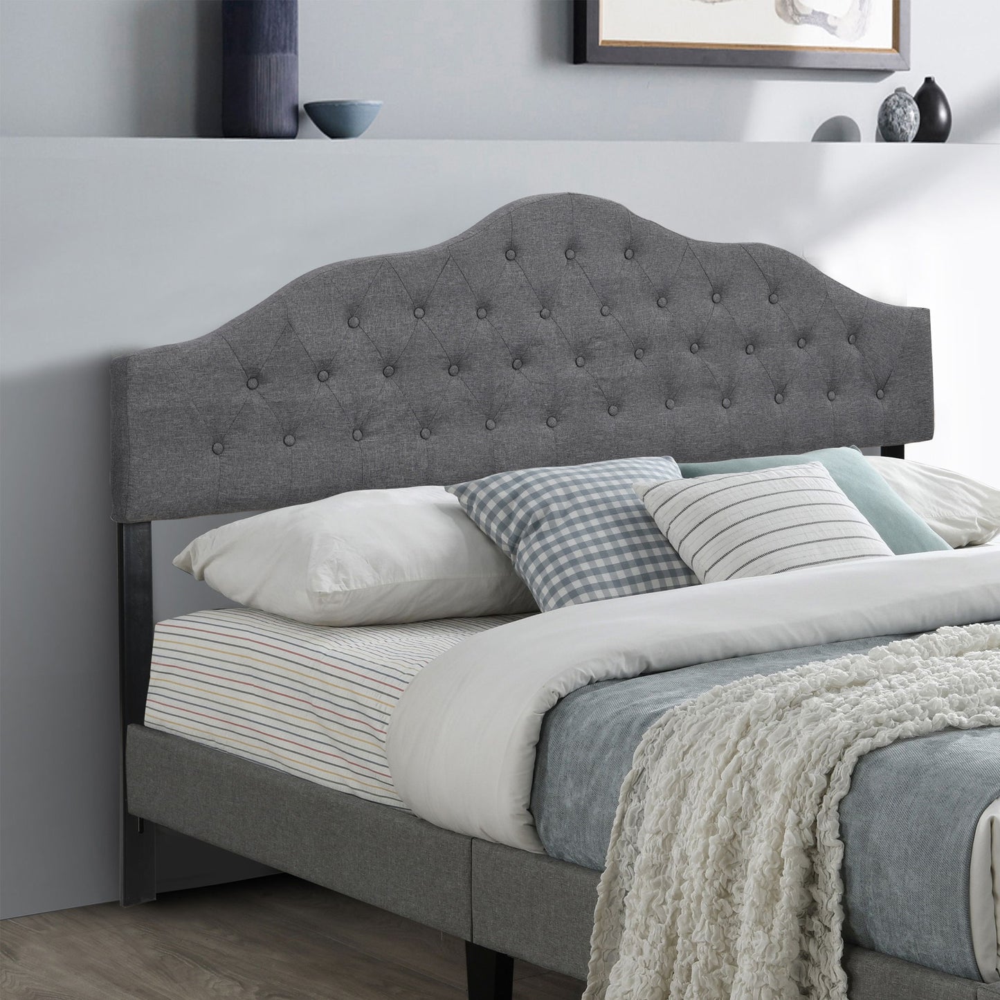 King Bed Upholstered Adjustable Height Headboards, Modern With Buttons - Gray