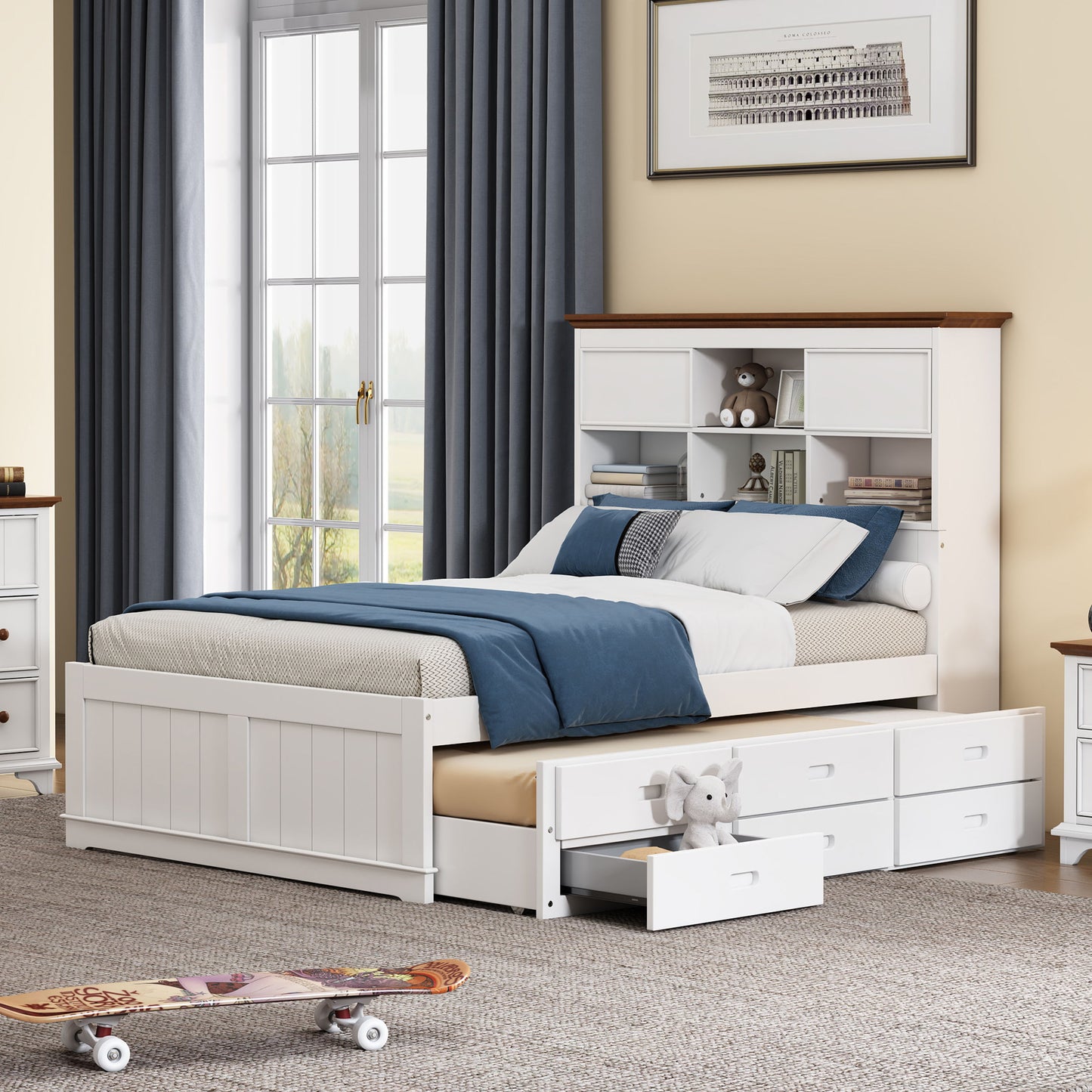 Full Solid Pine Captain Bookcase Bed With Trundle Bed And 3 Spacious Under Bed Drawers In Casual - White / Walnut