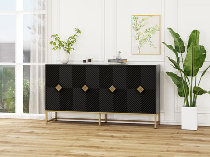 Carved 4 Door Sideboard, Sideboard Buffet Cabinet With Storage, Modern Coffee Bar Cabinet With Adjustable Shelf For Living Room, Diningroom, Kitchen - Black