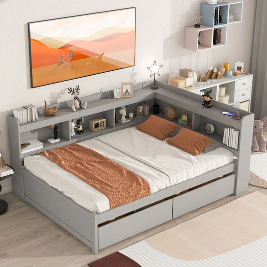 Full Bed With L-Shaped Bookcases, Drawers