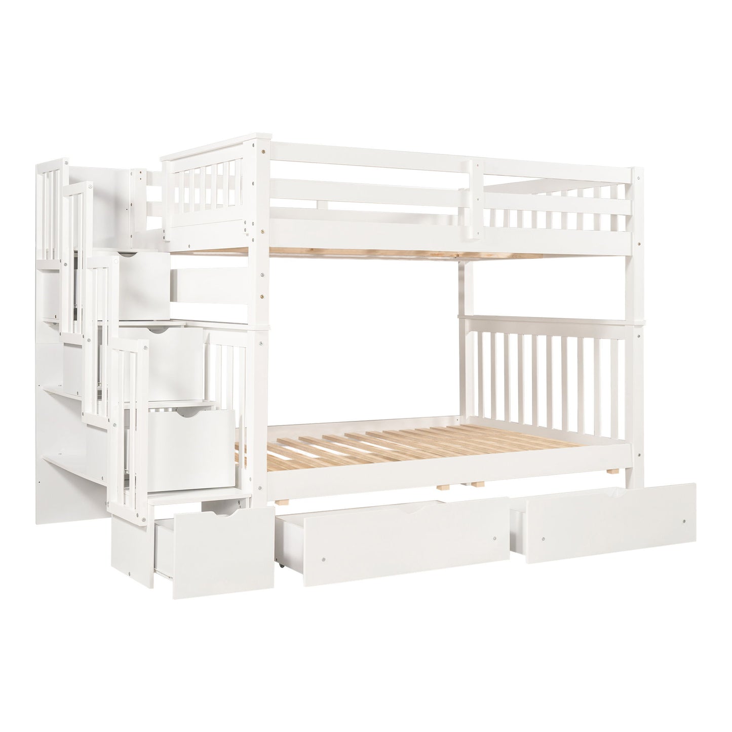 Full Over Full Bunk Bed With Shelves And 6 Storage Drawers - White