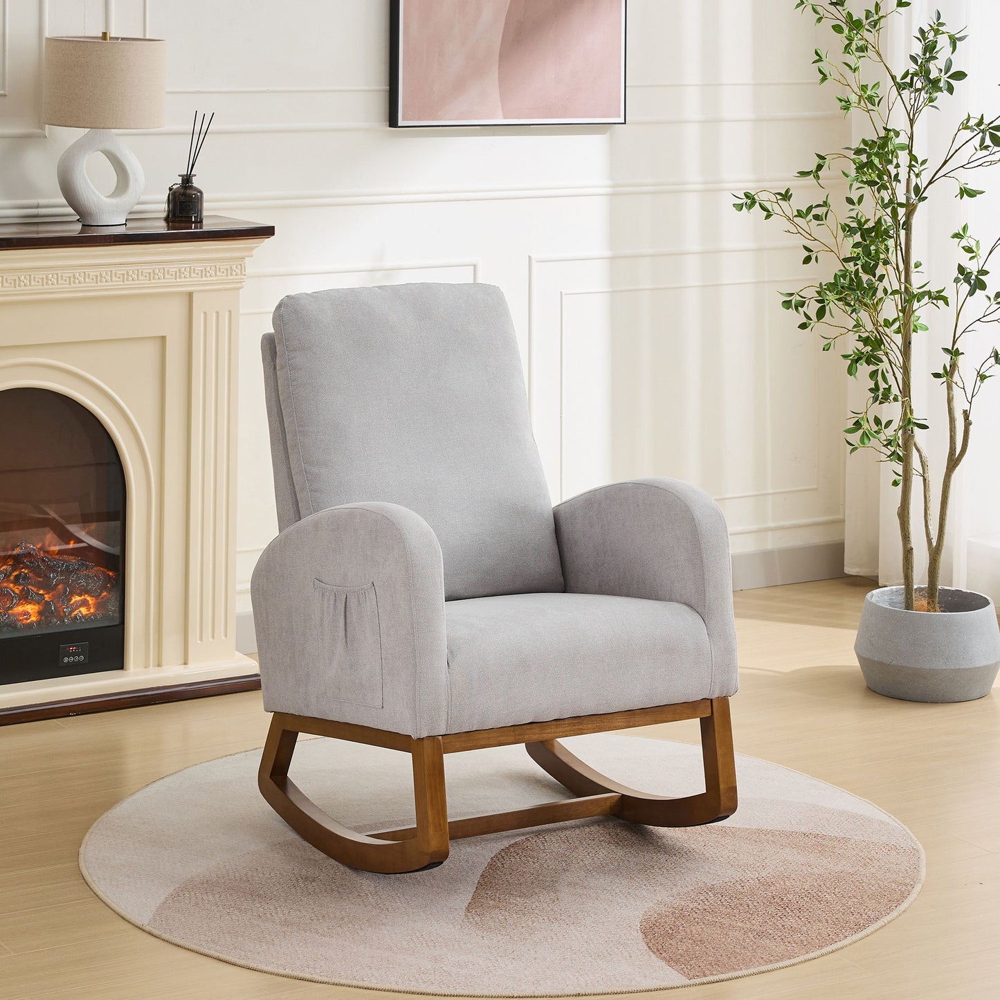 Rocking Chair For Nursery, Polyester Glider Chair With High Back And Side Pocket, Rocking Accent Armchair With Rubber Wood Legs For Living Room / Bedroom