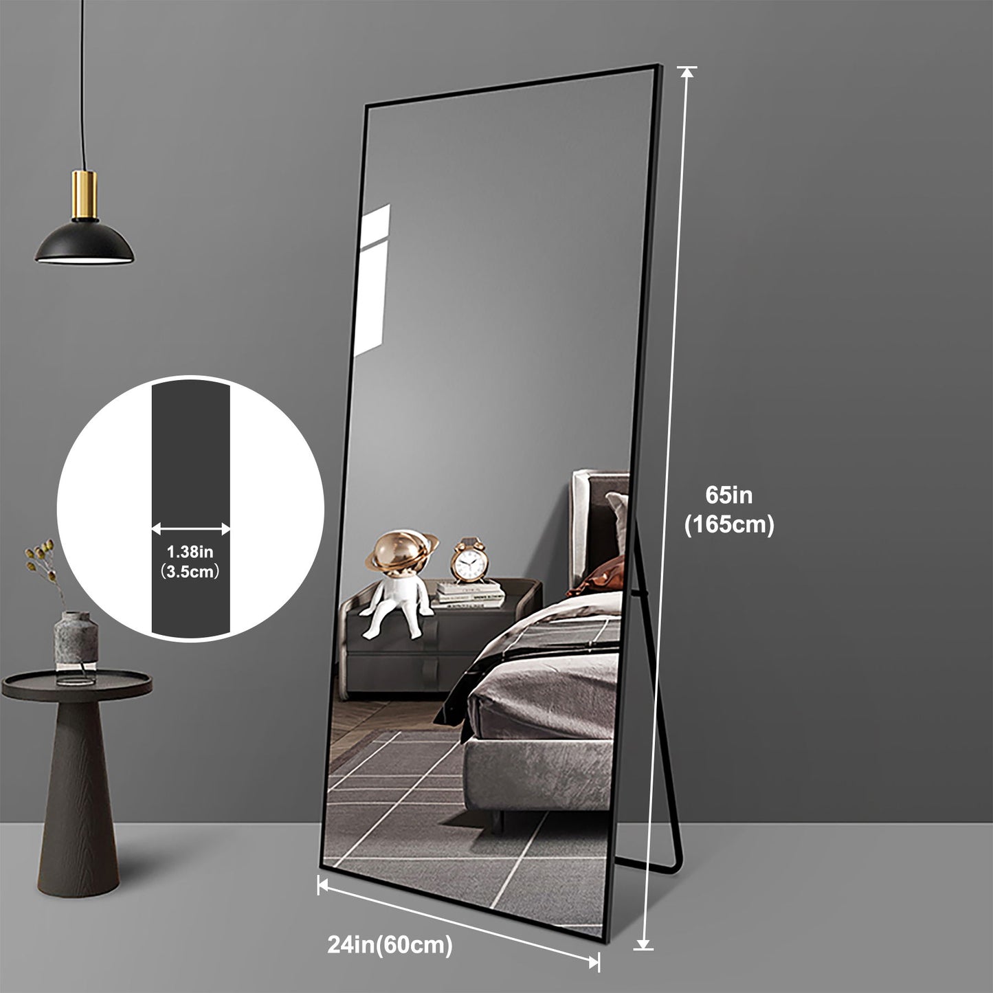 Floor Mirror Full Length Mirror Ultra Thin Aluminum Alloy Frame Modern Style Standing / Hanging Mirror Wall Mounted Mirror - Black