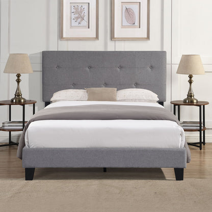 Full Size Upholstered Platform Bed Frame With Modern Button Tufted Linen Fabric Headboard, No Box Spring Needed, Wood Slat Support - Gray