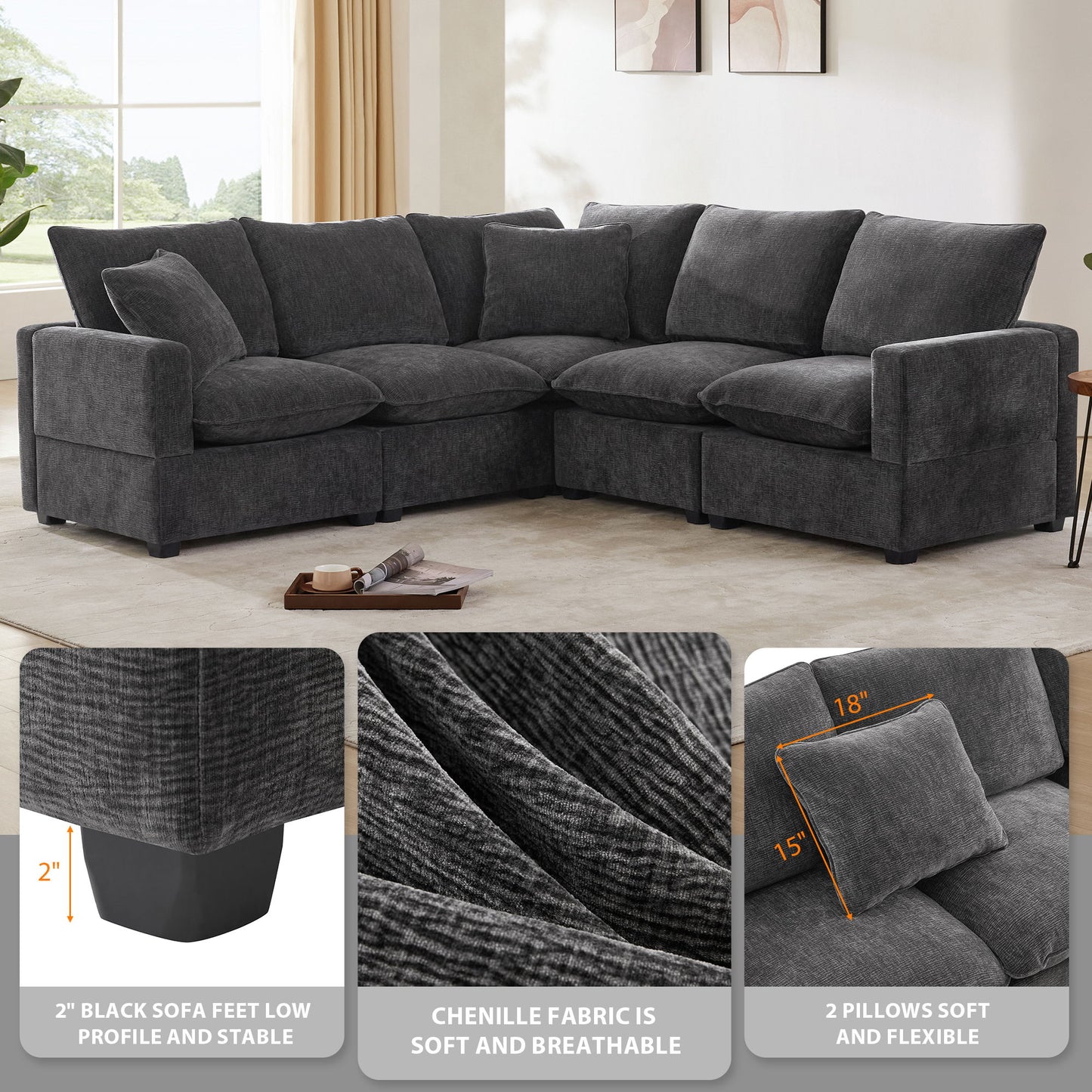 Modern L Shape Modular Sofa, 5 Seat Chenille Sectional Couch Set With 2 Pillows Included, Freely Combinable Indoor Funiture For Living Room, Apartment, Office