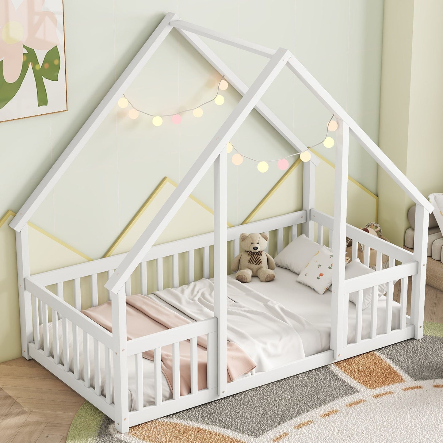 Wood House-Shaped Floor Bed With Fence, Guardrails