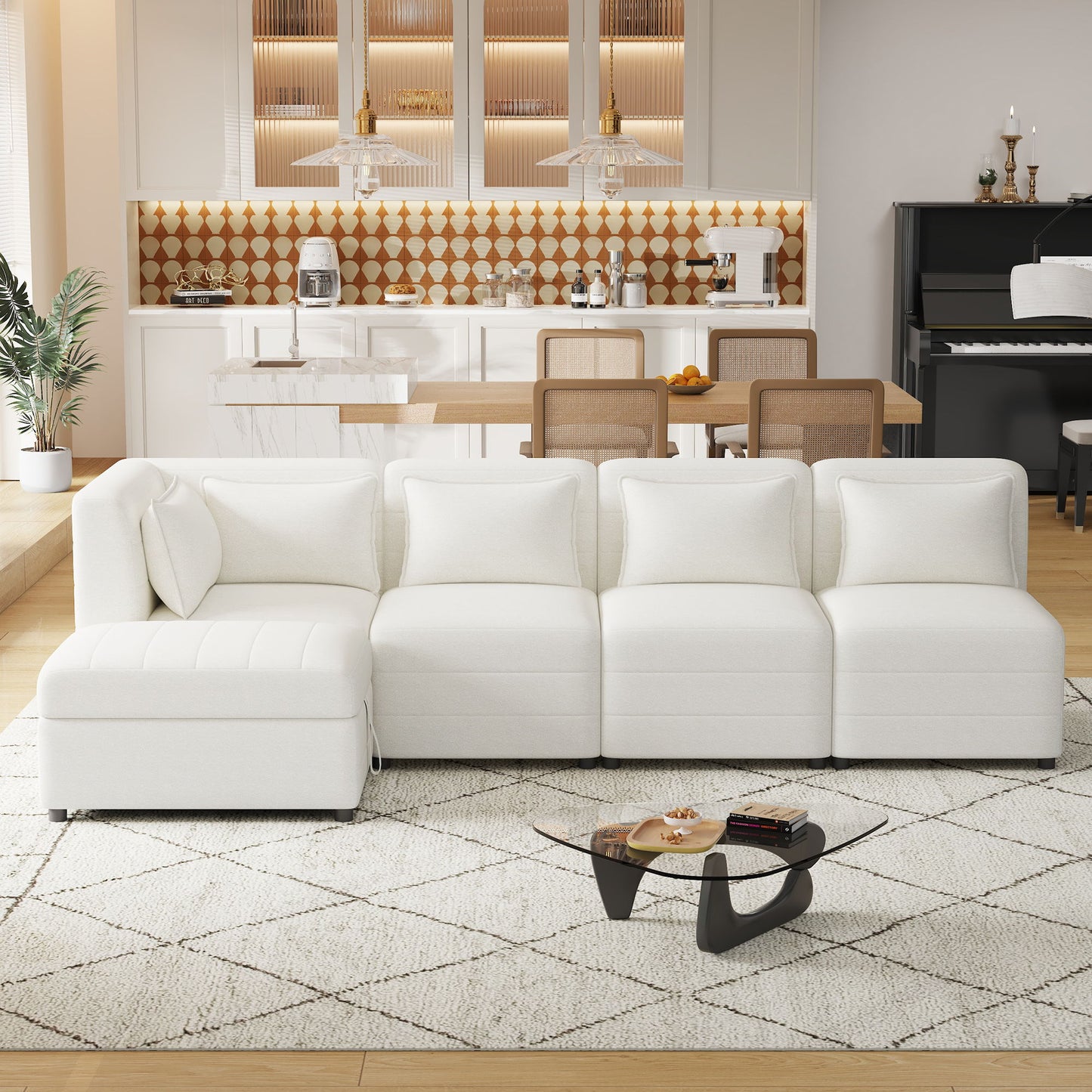 Free-Combined Sectional Sofa 5 Seater Modular Couches With Storage Ottoman, 5 Pillows For Living Room