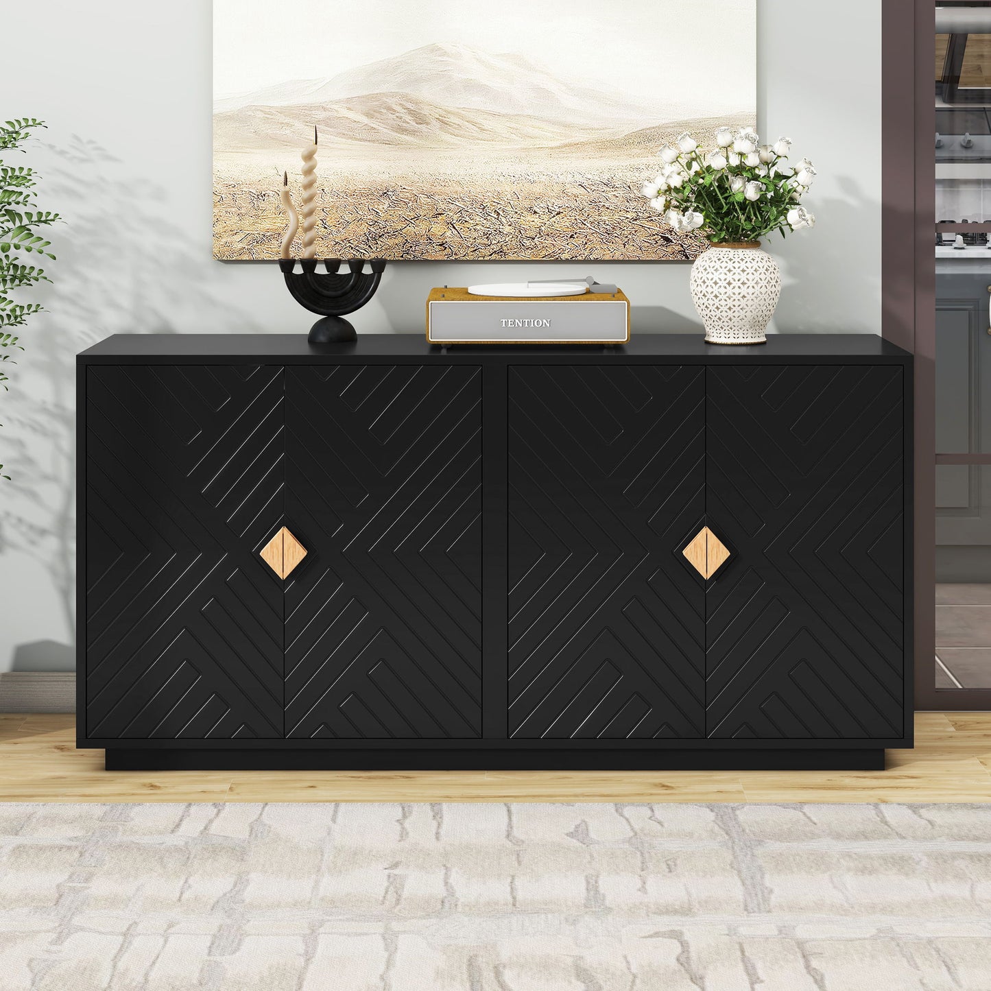 Modern Functional Large Storage Space Sideboard With Wooden Triangular Handles And Adjustable Shelves For Living Room And Dining Room