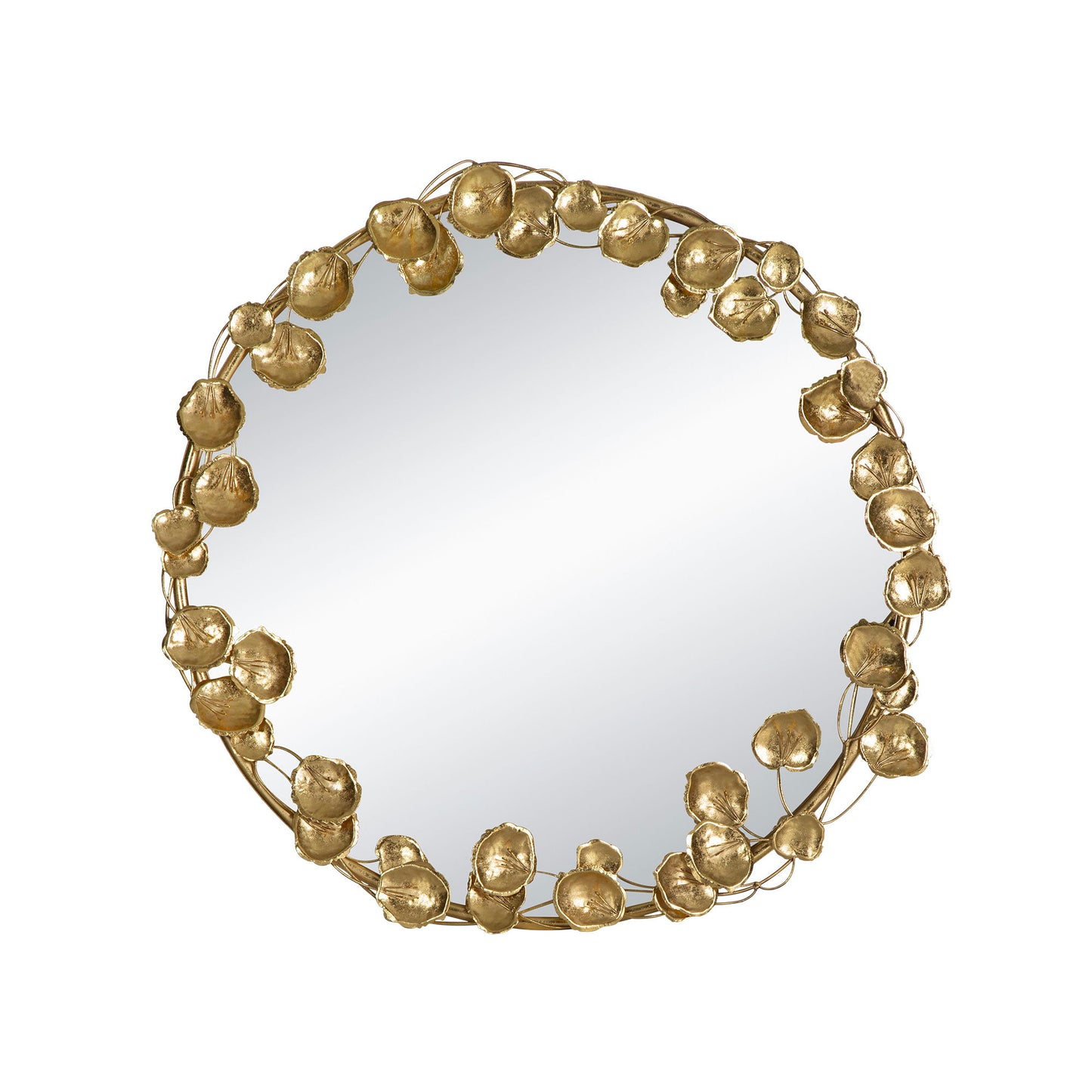 Round Metal Wall Mirror With Leaf Accents, Modern Decor Mirror For Living Room Entryway Hallway - Gold