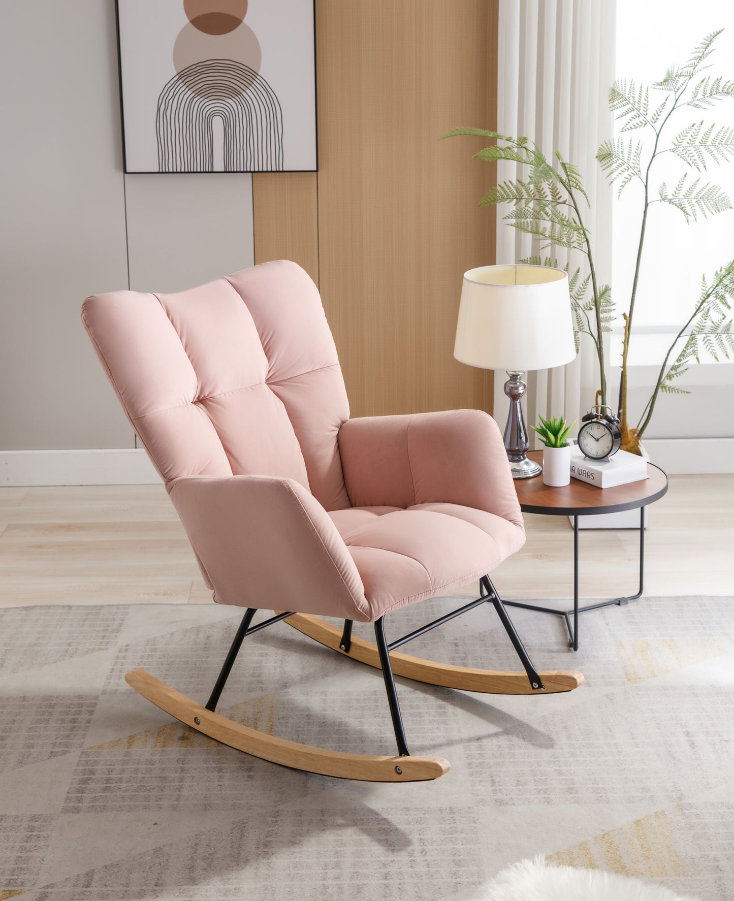 Mid-Century Modern Teddy Fabric Tufted Upholstered Rocking Chair Padded Seat For Living Room Bedroom