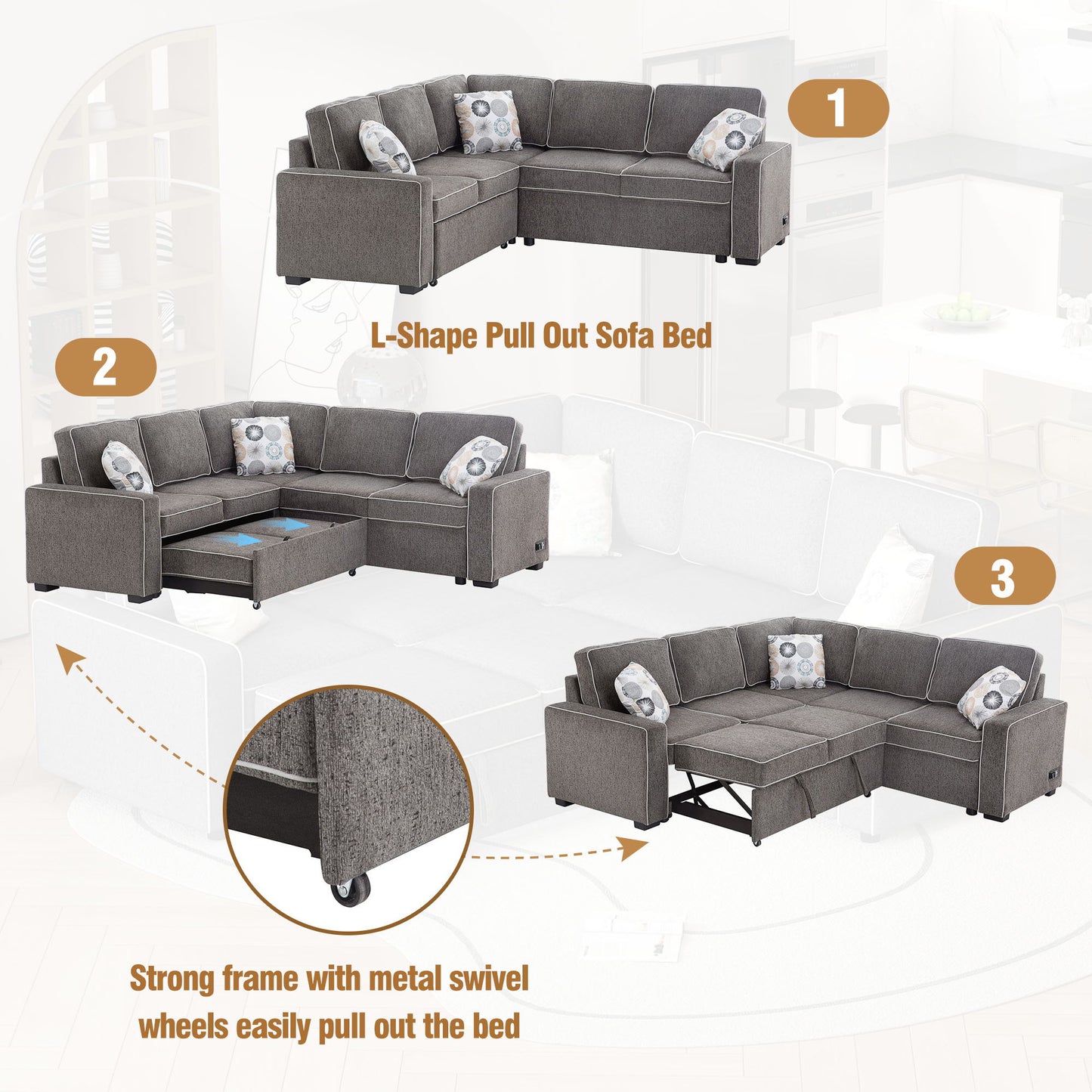 L-Shaped Pull Out Sofa Bed Modern Convertible Sleeper Sofa With 2 USB Ports, 2 Power Sockets, 3 Pillows For Living Room - Gray