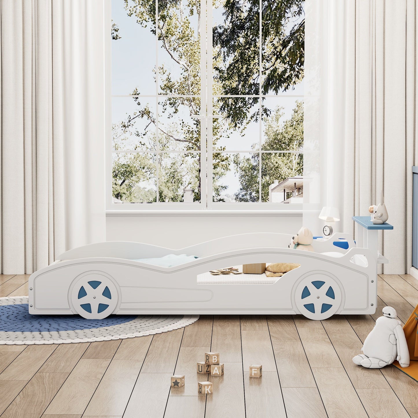 Wooden Race Car Bed, Car Shaped Platform Twin Bed With Wheels For Teens