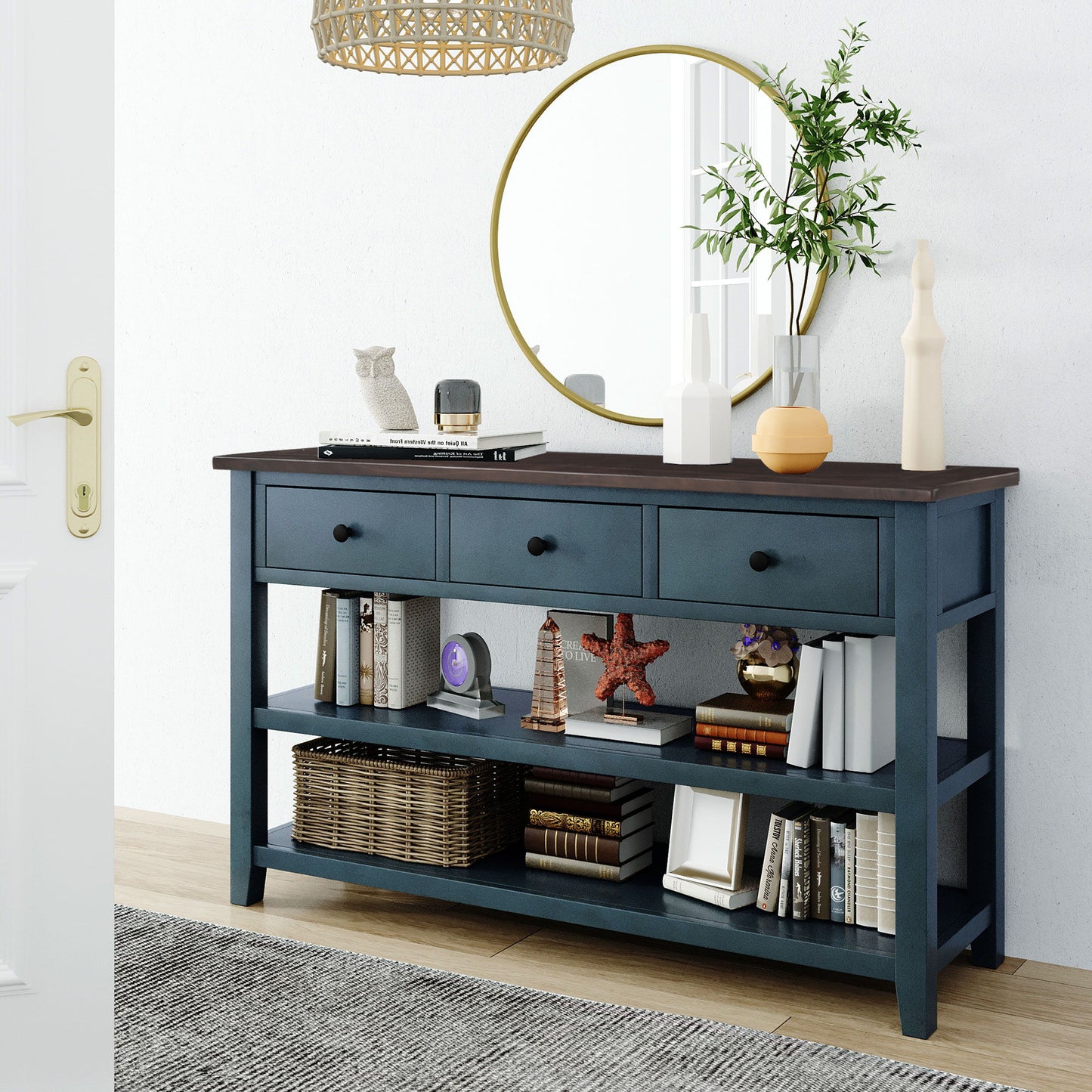 Retro Design Console Table With Two Open Shelves, Pine Frame And Legs For Living Room