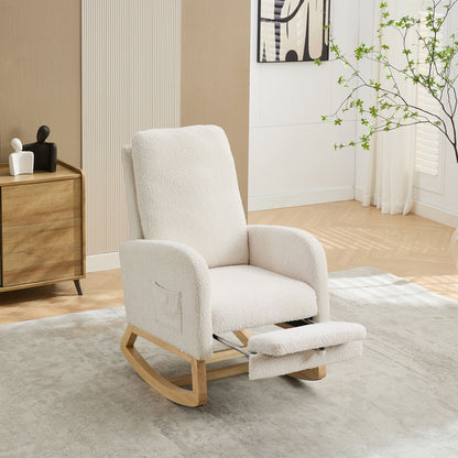 Rocking Chair For Nursery, High Back Glider Chair With Retractable Footrest, Side Pocket, Rocking Accent Armchair With Rubber Wood Legs For Living Room / Bedroom