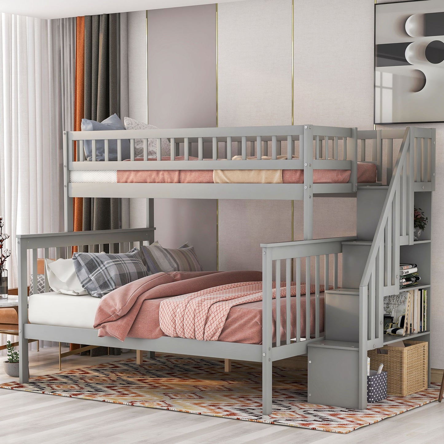 Twin Over Full Stairway Bunk Bed With Storage - Gray