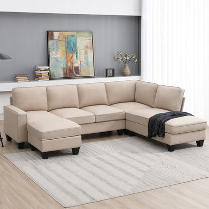 Modern L-Shaped Sectional Sofa, 7-Seat Linen Fabric Couch Set With Chaise Lounge And Convertible Ottoman For Living Room, Apartment, Office