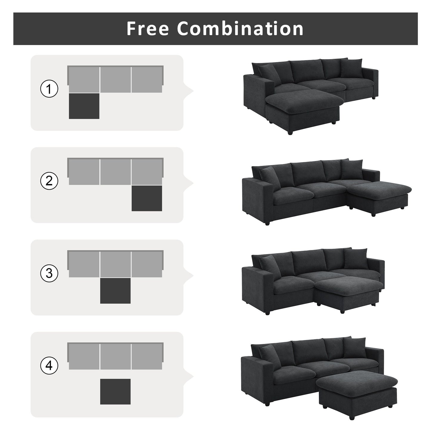 Modern Sectional Sofa, L-Shaped Couch Set With 2 Free Pillows, 4-Seat Polyester Fabric Couch Set With Convertible Ottoman For Living Room, Apartment, Office