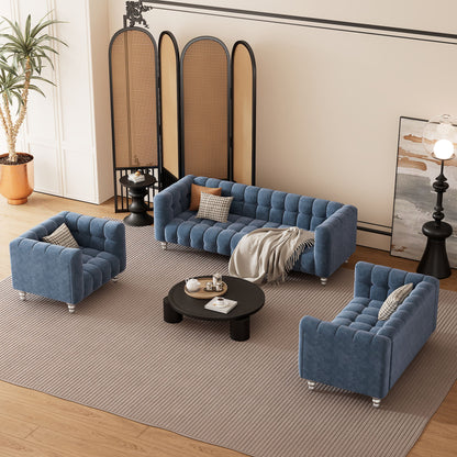 Modern 3 Piece Sofa Set With Solid Wood Legs, Buttoned Tufted Backrest, Dutch Fleece Upholstered Sofa Set Including Three Seater Sofa, Double Seat And Living Room Furniture Set Single Chair