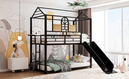 Twin Over Twin Metal Bunk Bed, Metal Housebed With Slide, Three Colors Available