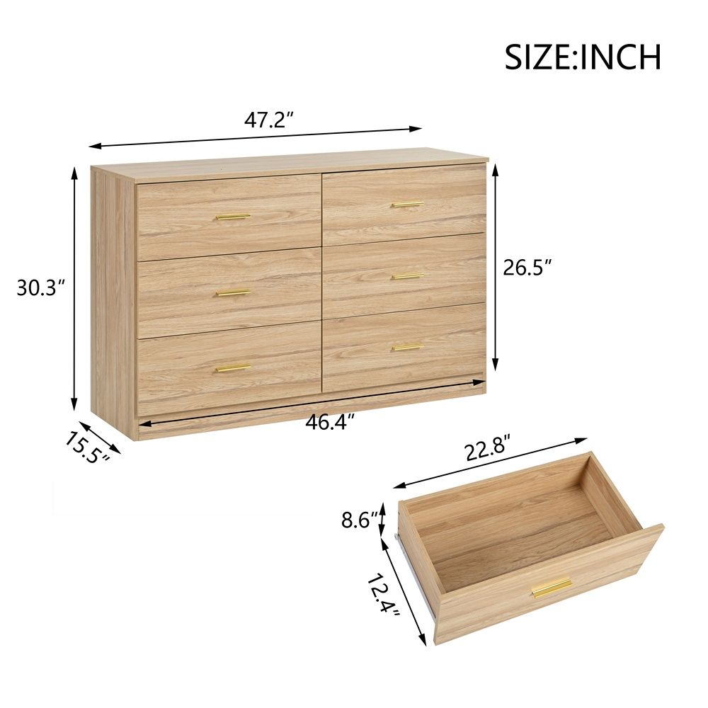 Modern 6 Drawer Dresser For Bedroom, Ample Storage Wide Chest Of Drawers, Sturdy & Safe