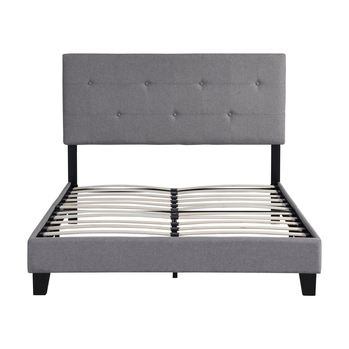 Full Size Upholstered Platform Bed Frame With Modern Button Tufted Linen Fabric Headboard, No Box Spring Needed, Wood Slat Support - Gray