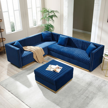 Contemporary Vertical Channel Tufted Velvet Sectional Sofa For Living Room Apartment With Ottoman And 4 Pillows