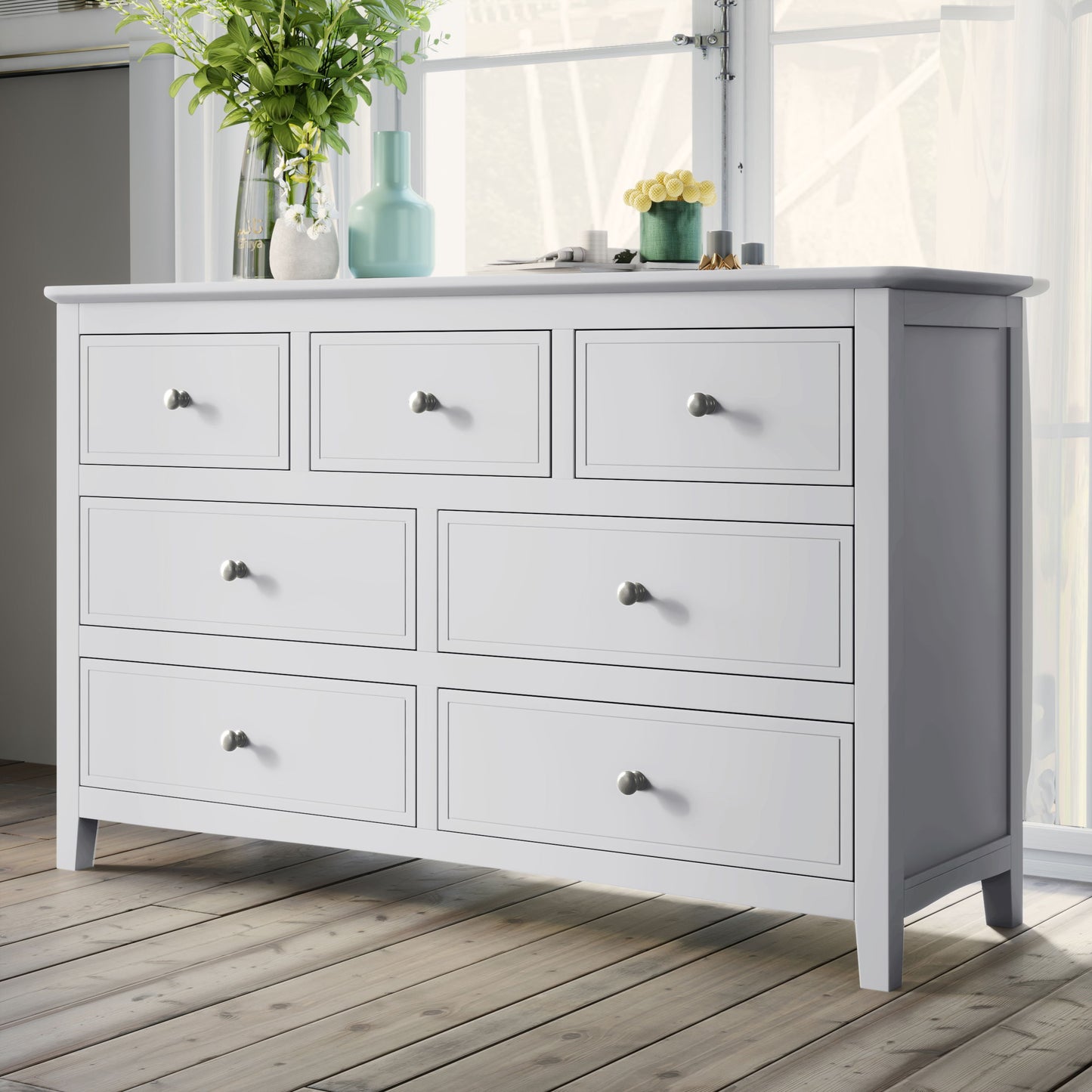 7 Drawers Solid Wood Dresser - White