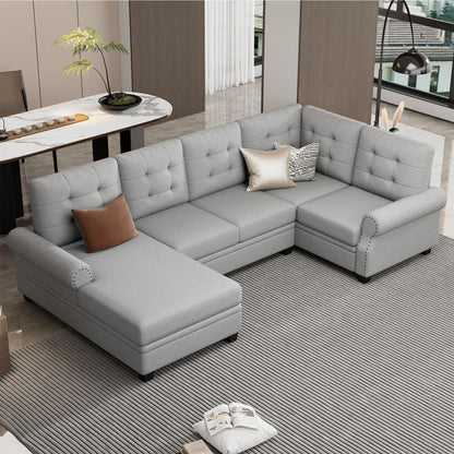 Modern U-Shaped Corner Sectional Sofa Upholstered Linen Sofa Couch For Living Room