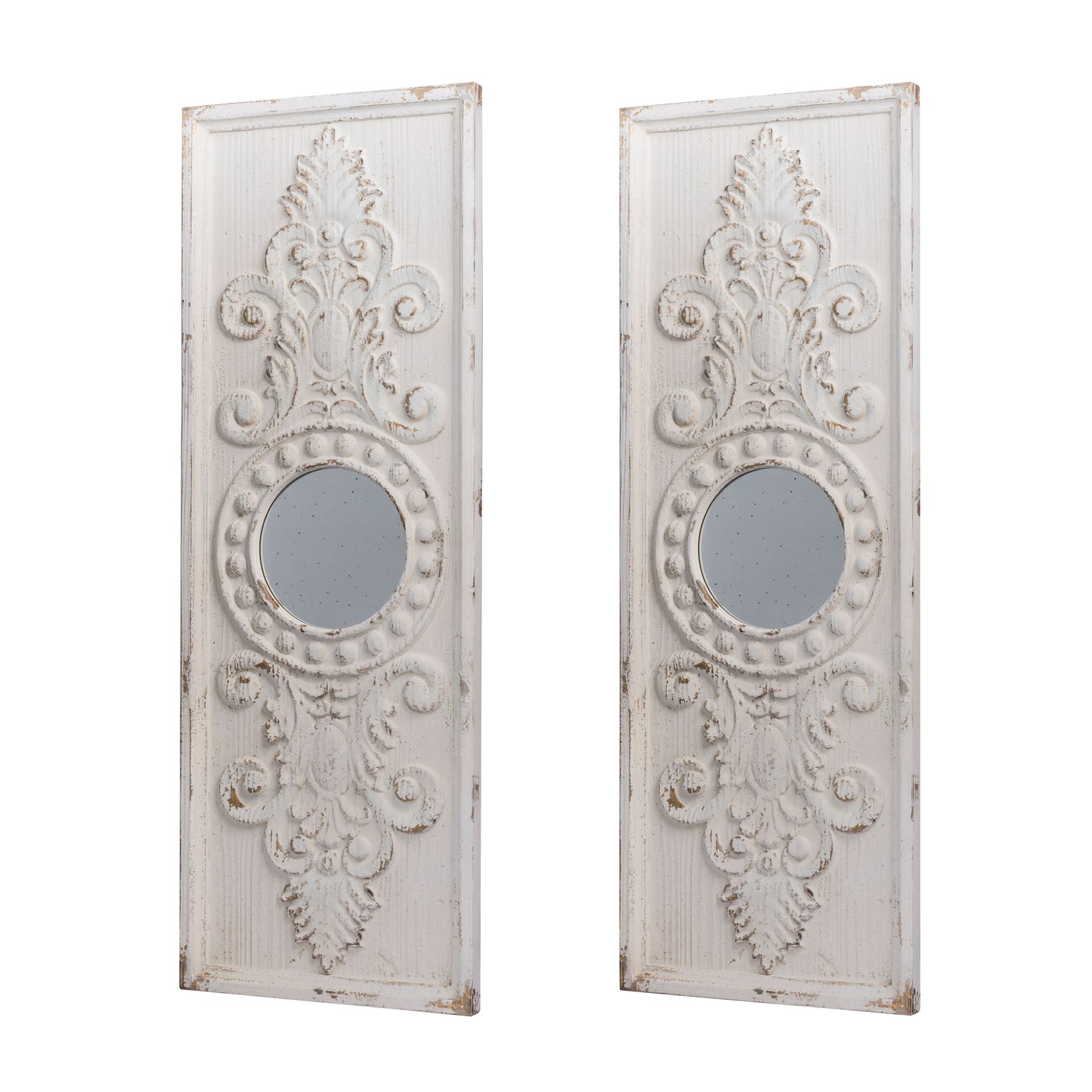 Large Wooden Wall Art Panels With Distressed Finish And Round Mirror Accents (Set of 2) - White