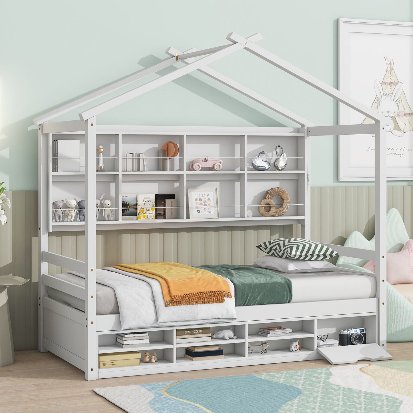 Twin House Bed With Roof Frame, Bedside-Shelves, Under Bed Storage Unit - White