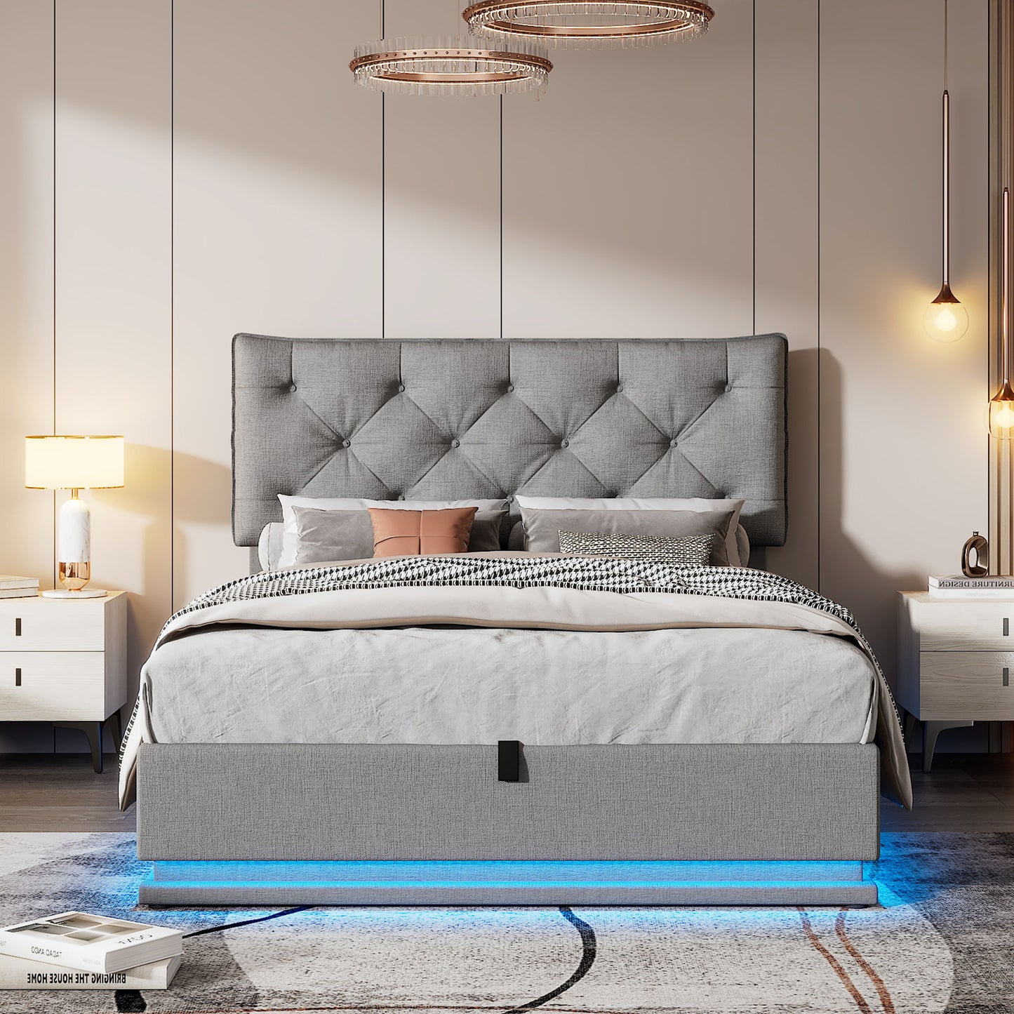 Upholstered Bed With Hydraulic Storage System And LED Light, Modern Platform Bed With Button-Tufted Design Headboard