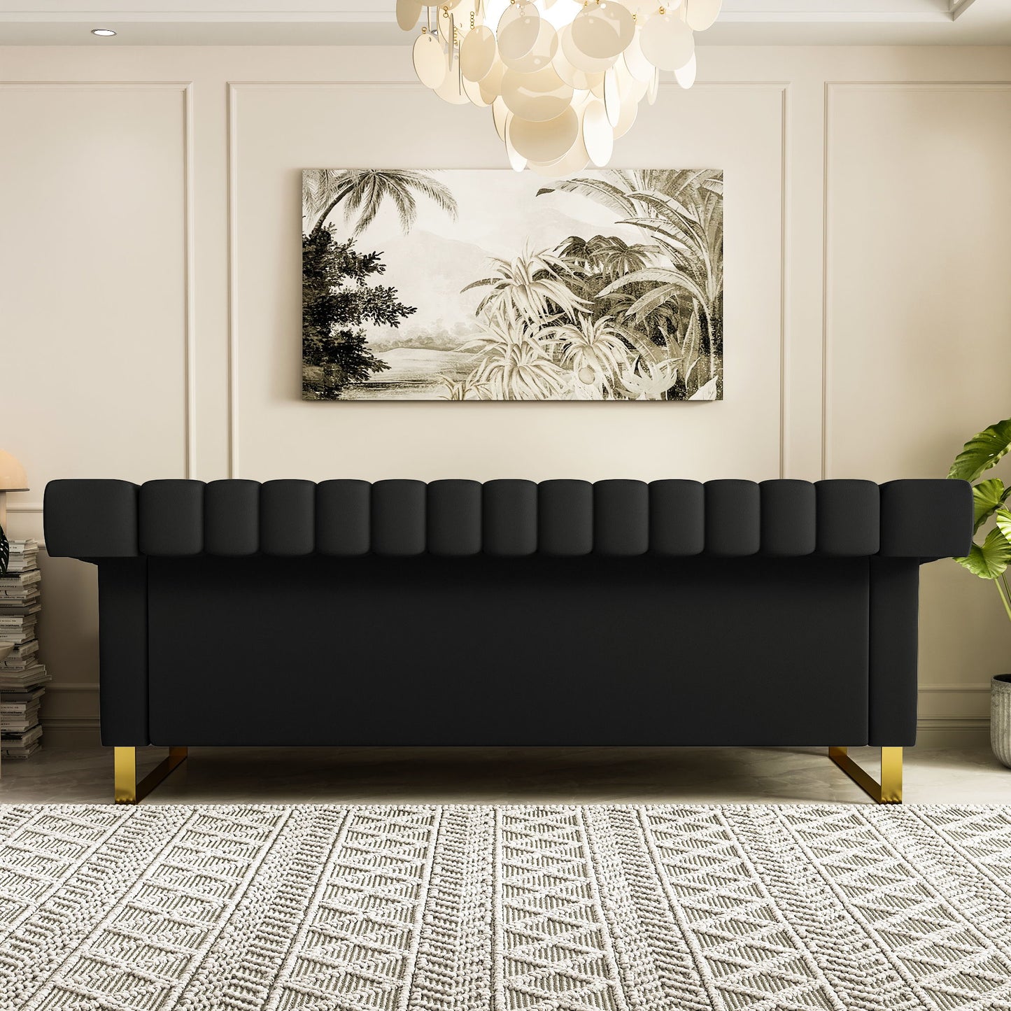 Sofa Modern Sofa With Gold Accents, Sleek Channel-Tufted Upholstery, 3 Seat Couch For Living Room And Office Decor