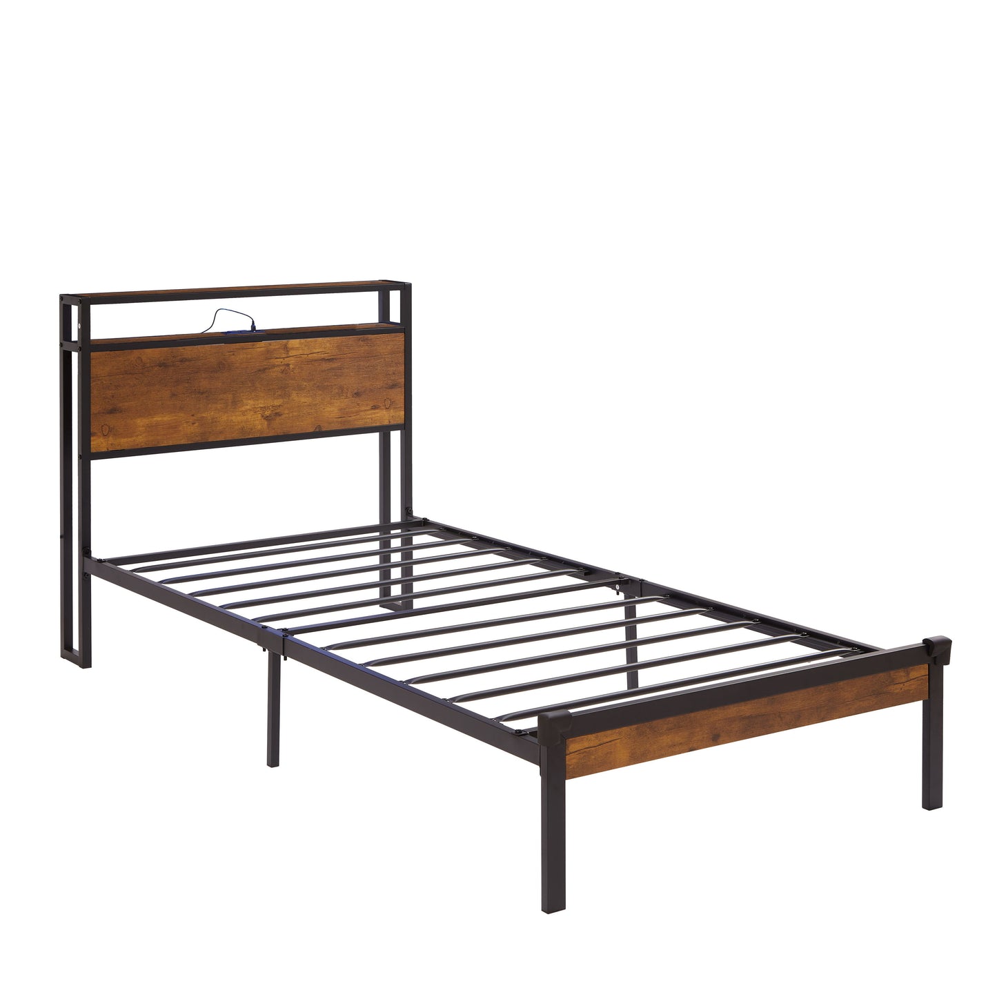 Twin Size Metal Platform Bed Frame With Wooden Headboard And Footboard With USB Liner, No Box Spring Needed, Under Bed Storage - Brown