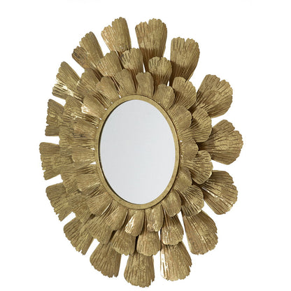 Round Metal Mirror With Trumpet Vine Motif - Gold