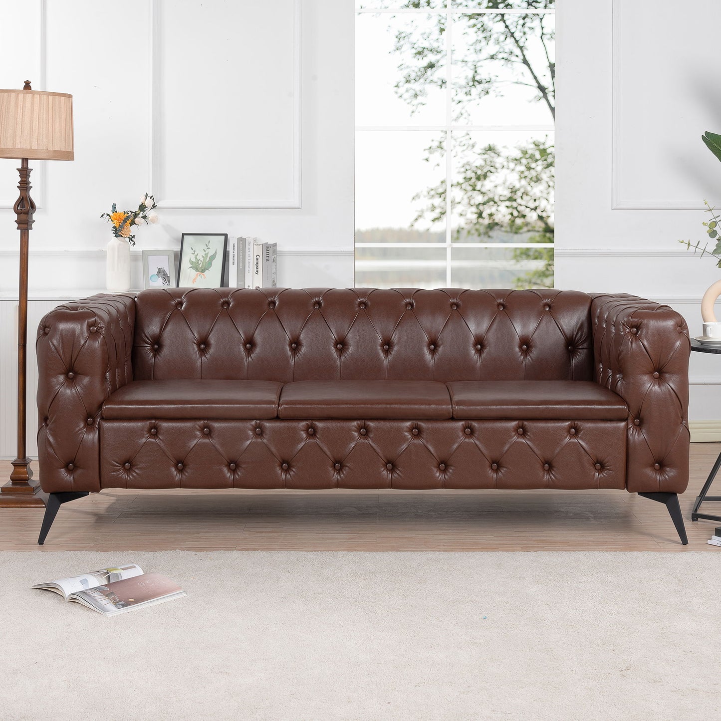 84.06" Width Traditional Square Arm Removable Cushion 3 Seater Sofa - Dark Brown