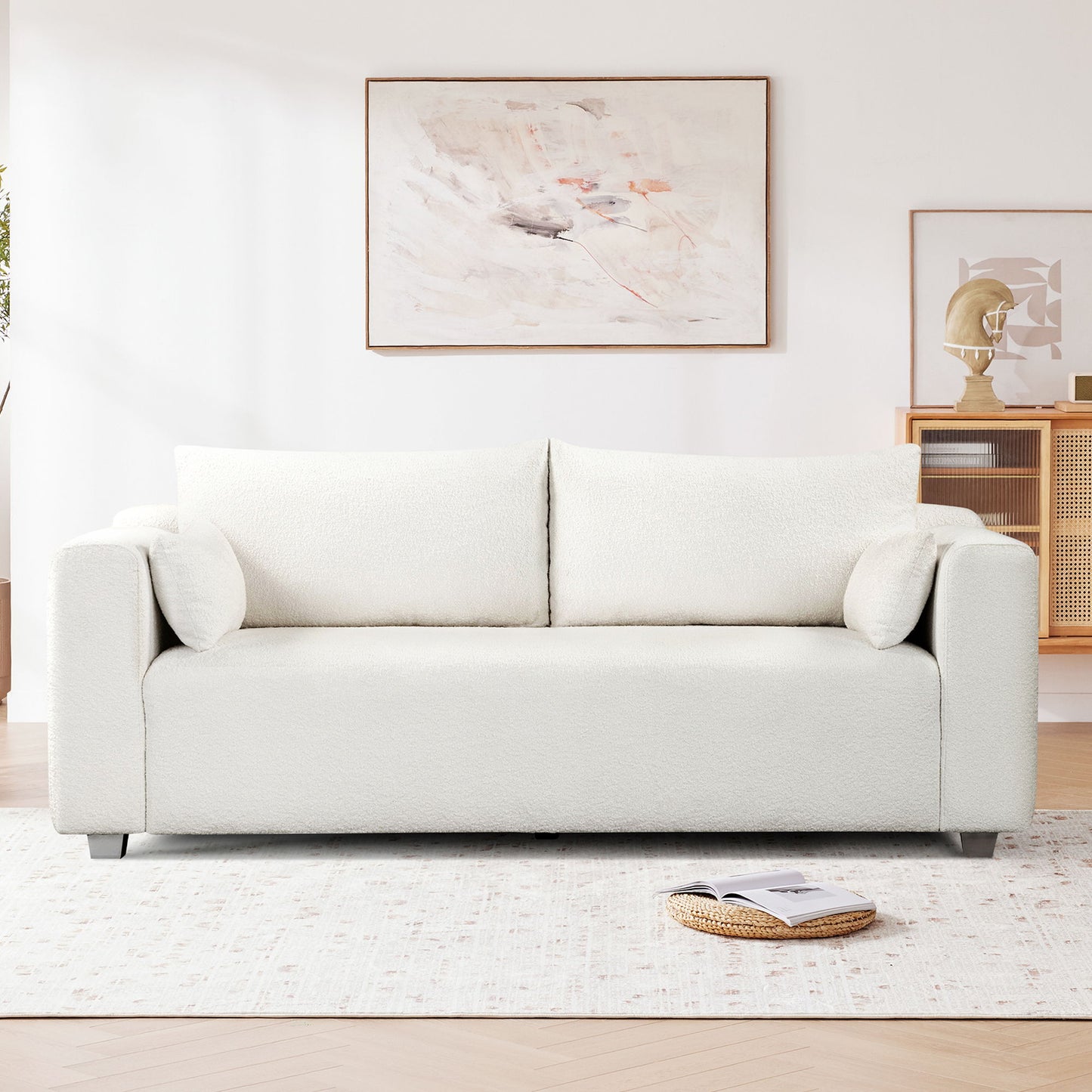 Modern Loop Yarn Sofa, One Piece Seat Frame, Minimalist 2-3 Seat Couch Easy To Install, Loveseats With Extra Wide Domed Arms For Living Room (2 Pillows) - White