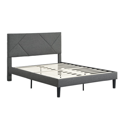 Queen Size Upholstered Platform Bed Frame With Headboard, Strong Wood Slat Support, Mattress Foundation, No Box Spring Needed - Gray