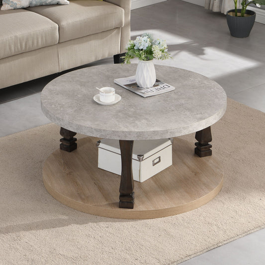 Mid-Century 2 Tier Round Coffee Table With Storage Shelf - Gray