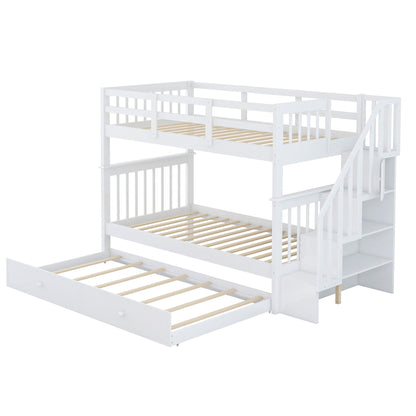 Stairway Twin Over Twin Bunk Bed With Twin Size Trundle For Bedroom, Dorm, Adults - White