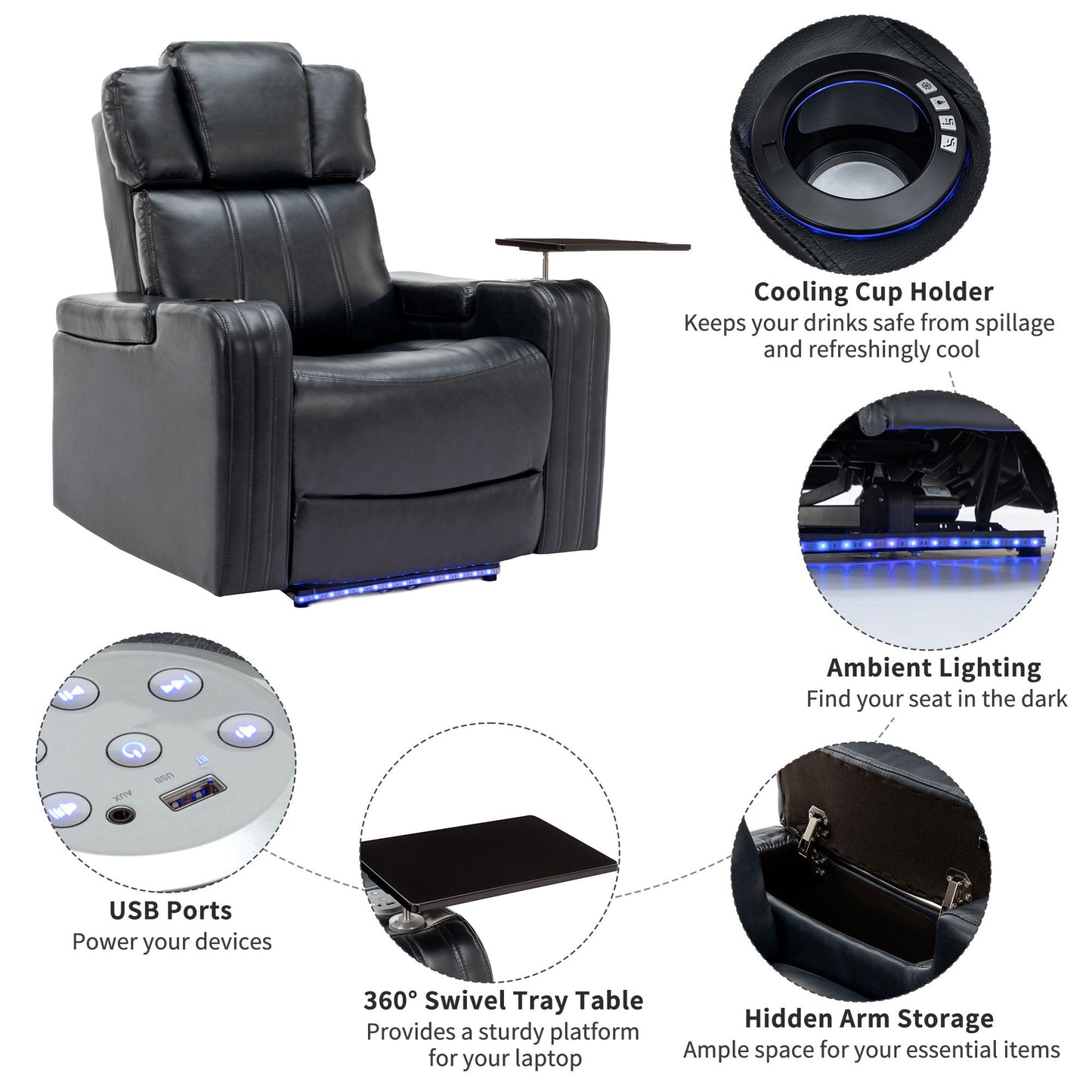 Power Recliner Individual Seat Home Theater Recliner With Cooling Cup Holder - Bluetooth Speaker, Led Lights, USB Ports, Tray Table, Arm Storage For Living Room