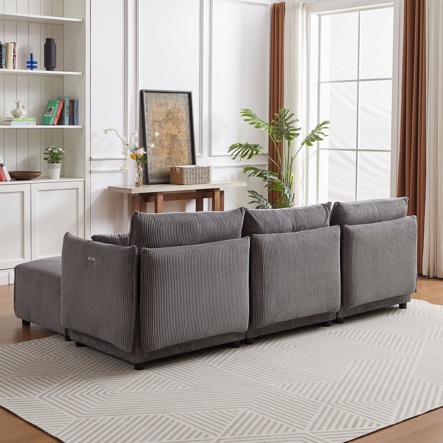 Multi-Module Combination Style Sofa For Living Room, Bedroom And Other Lounge Spaces, Modern Minimalist Corduroy Combination Sofa With 2 Comfort Cushions With USB & C Charging Ports - Gray