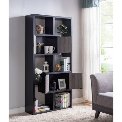 Two Toned Display Cabinet, Two Door Bookcase Six Shelves - Black / Distressed Gray