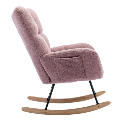 Rocking Chair With Pocket, Soft Teddy Fabric Rocking Chair For Nursery, Comfy Wingback Glider Rocker With Safe Solid Wood Base For Living Room