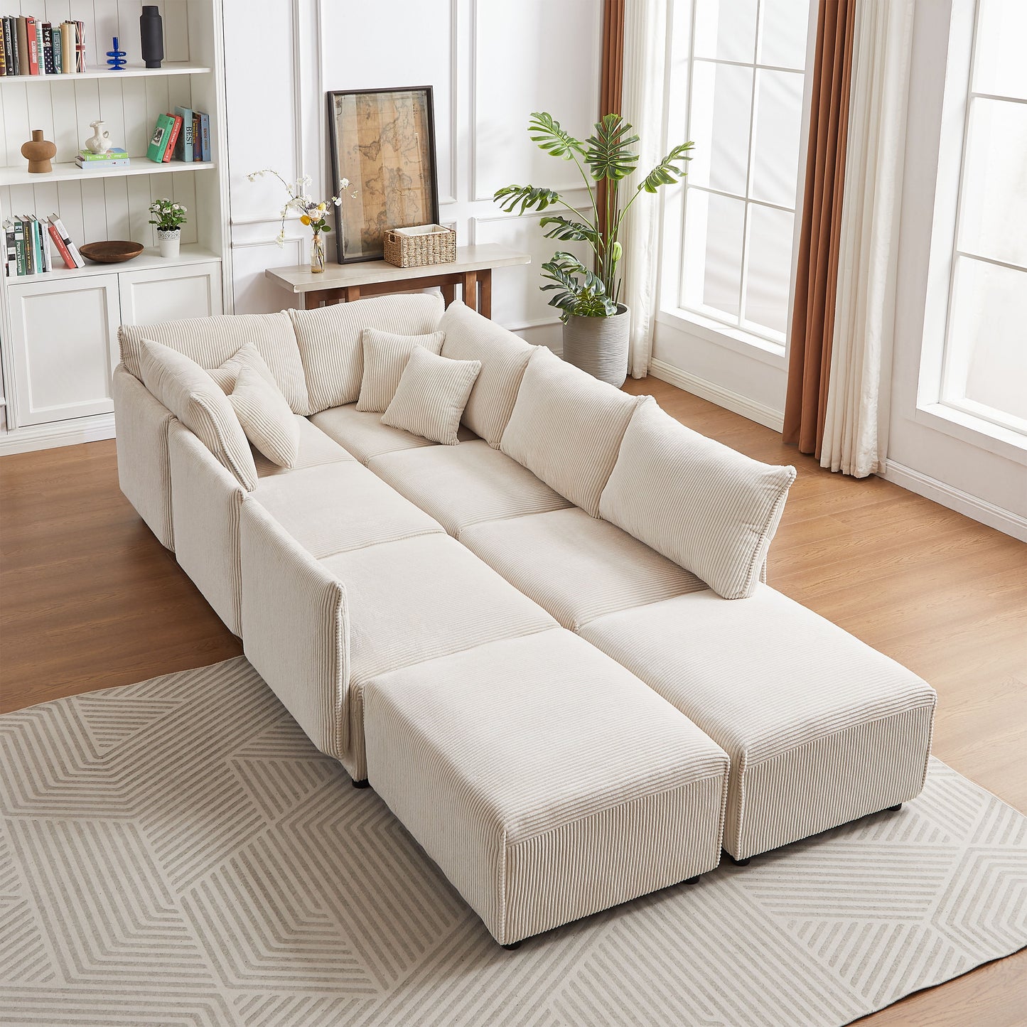 Multi-Module Combination Style Sofa For Living Room, Bedroom And Other Lounge Spaces, Modern Minimalist Corduroy Combination Sofa With 2 Comfort Cushions With USB & C Charging Ports, Two Sets - Beige