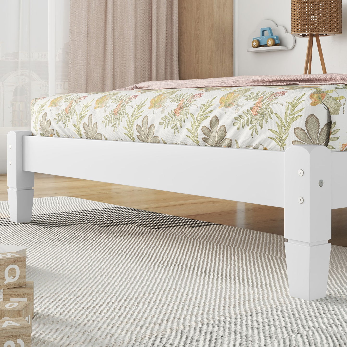 Twin Bed With Button-Decoration Headboard, With Bed Slats - White