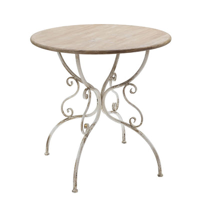 Round Wooden Table With Metal Scrollwork Legs - White