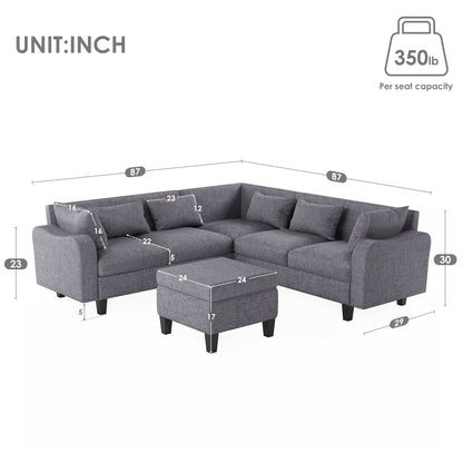 Modern Sectional Sofa With Coffee Table, 6 Seat Couch Set With Storage Ottoman, Various Combinations, L-Shape Indoor Furniture With Unique Armrests For Living Room (6 Pillows)