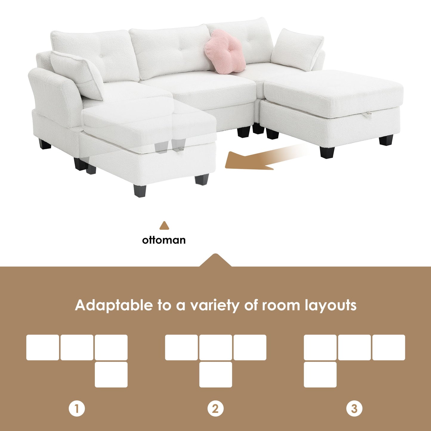 Modern Teddy Velvet Sectional Sofa, Charging Ports On Each Side, L-Shaped Couch With Storage Ottoman, 4 Seat Interior Furniture For Living Room, Apartment (3 Pillows)