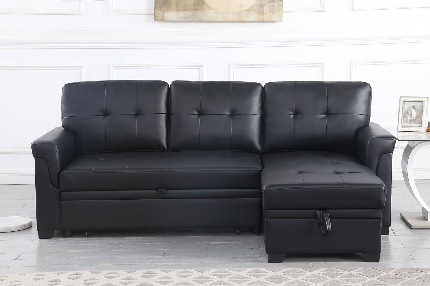 Lexi - Vegan Leather Modern Reversible Sleeper Sectional Sofa With Storage Chaise