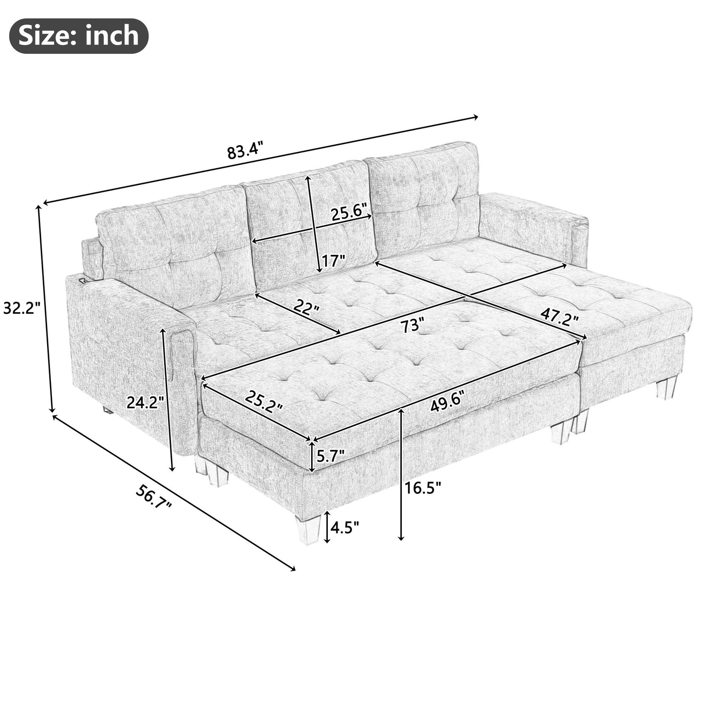 L Shaped Sofa Sectional Couch Sofa Bed With Two USB Ports, A Movable Ottoman And A Reversible Chaise Lounge For Living Room